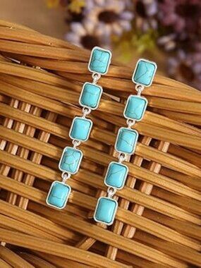 Turquoise and Silver Tone Earrings Bohemian Cowgirl Western Chunky Statement